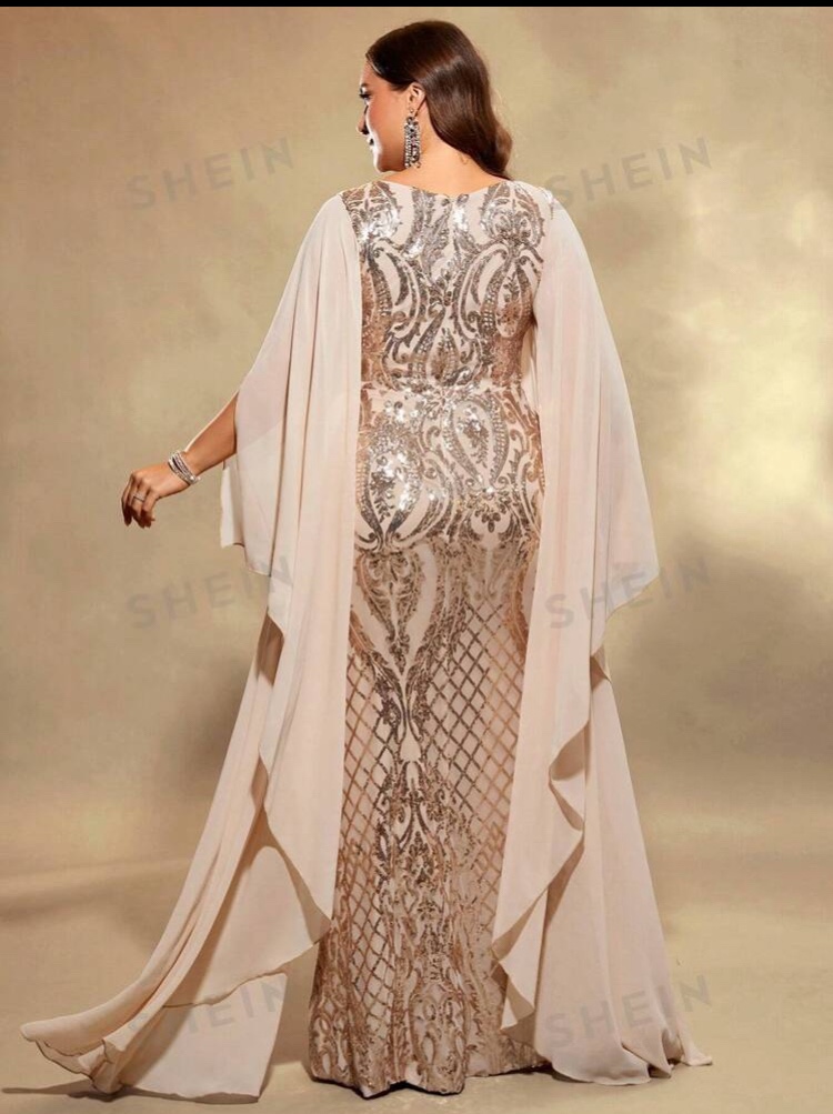 Gold Sequin Evening Gown with Cape sleeves