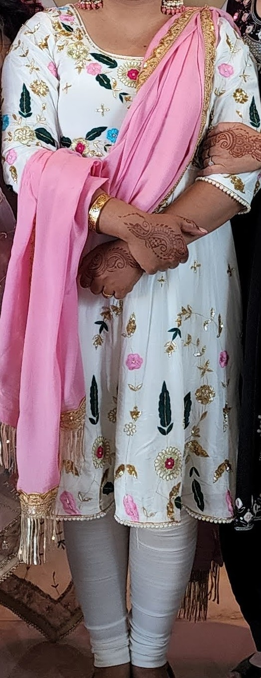 White Floral Kurta with Pink Dupatta
