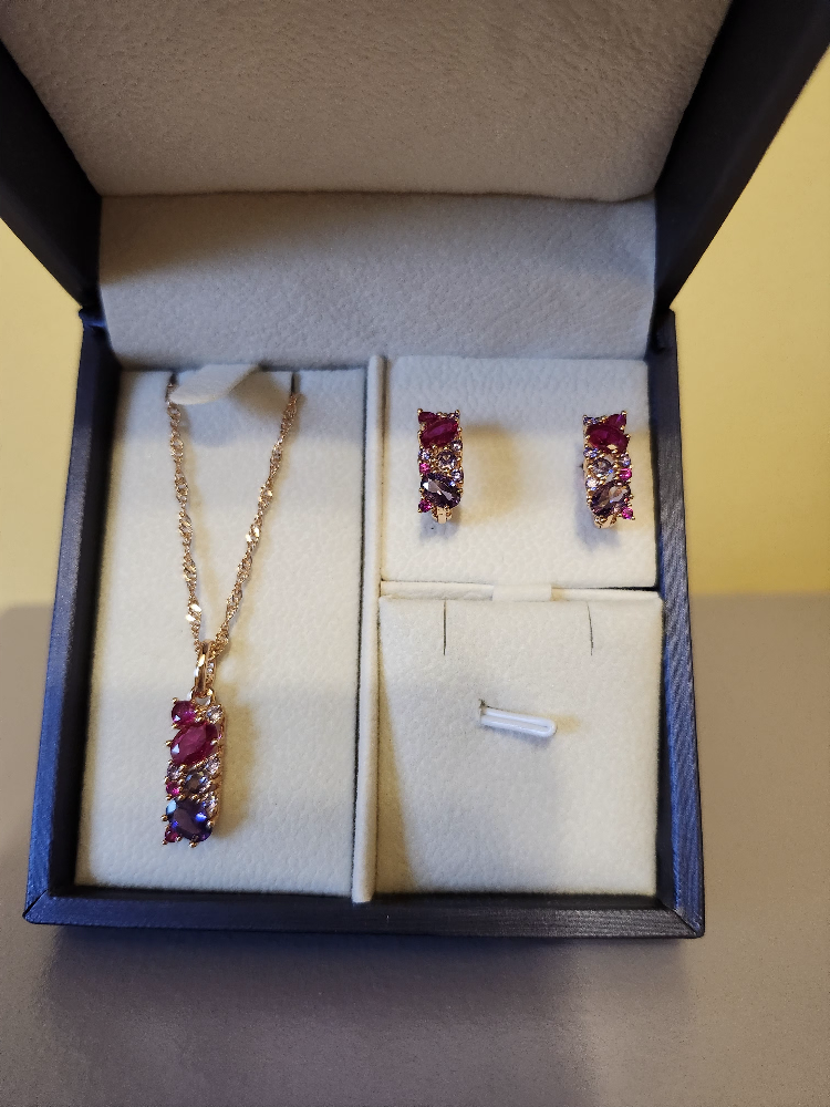 14K Purple & Pink Ombre 585RG Gold Earrings & Necklace