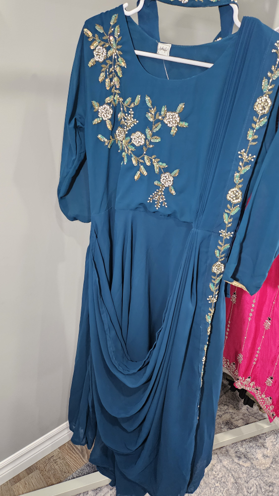 Teal Embroidered predated gown dress