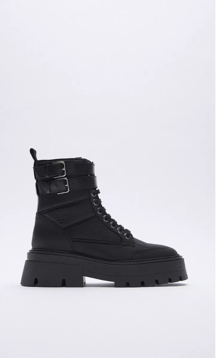 ZARA QUILTED NYLON LOW HEEL ANKLE BOOTS Black