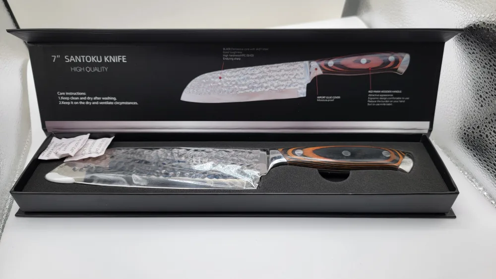 7″ Santoku Chef Knife with Red Pakka Wood Handle Damascus Steel image indicator(6)