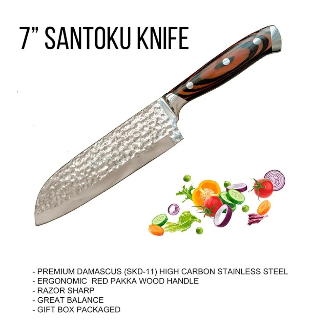 7″ Santoku Chef Knife with Red Pakka Wood Handle Damascus Steel image indicator(4)