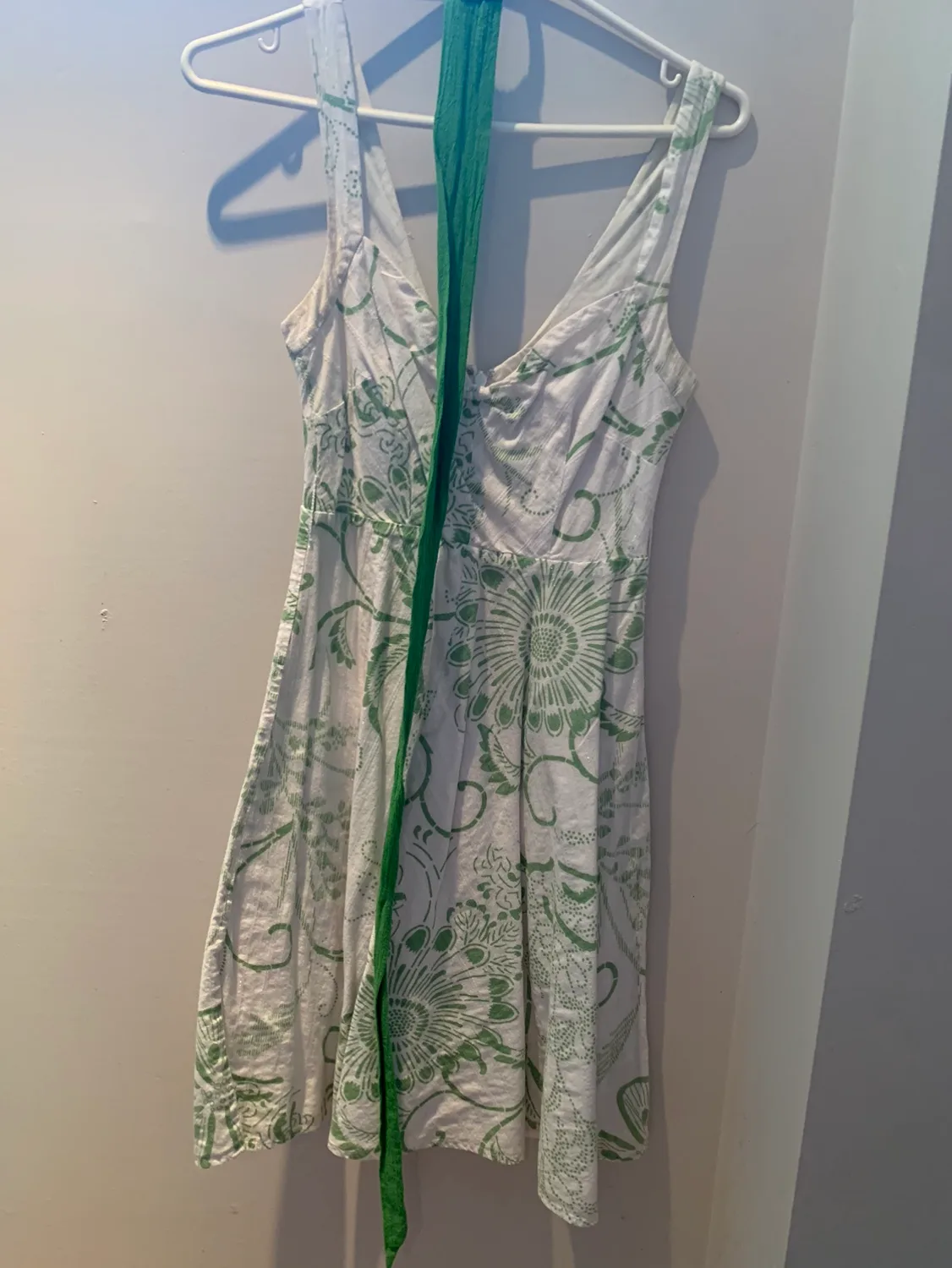 White Floral Dress with Green Sash thumbnail