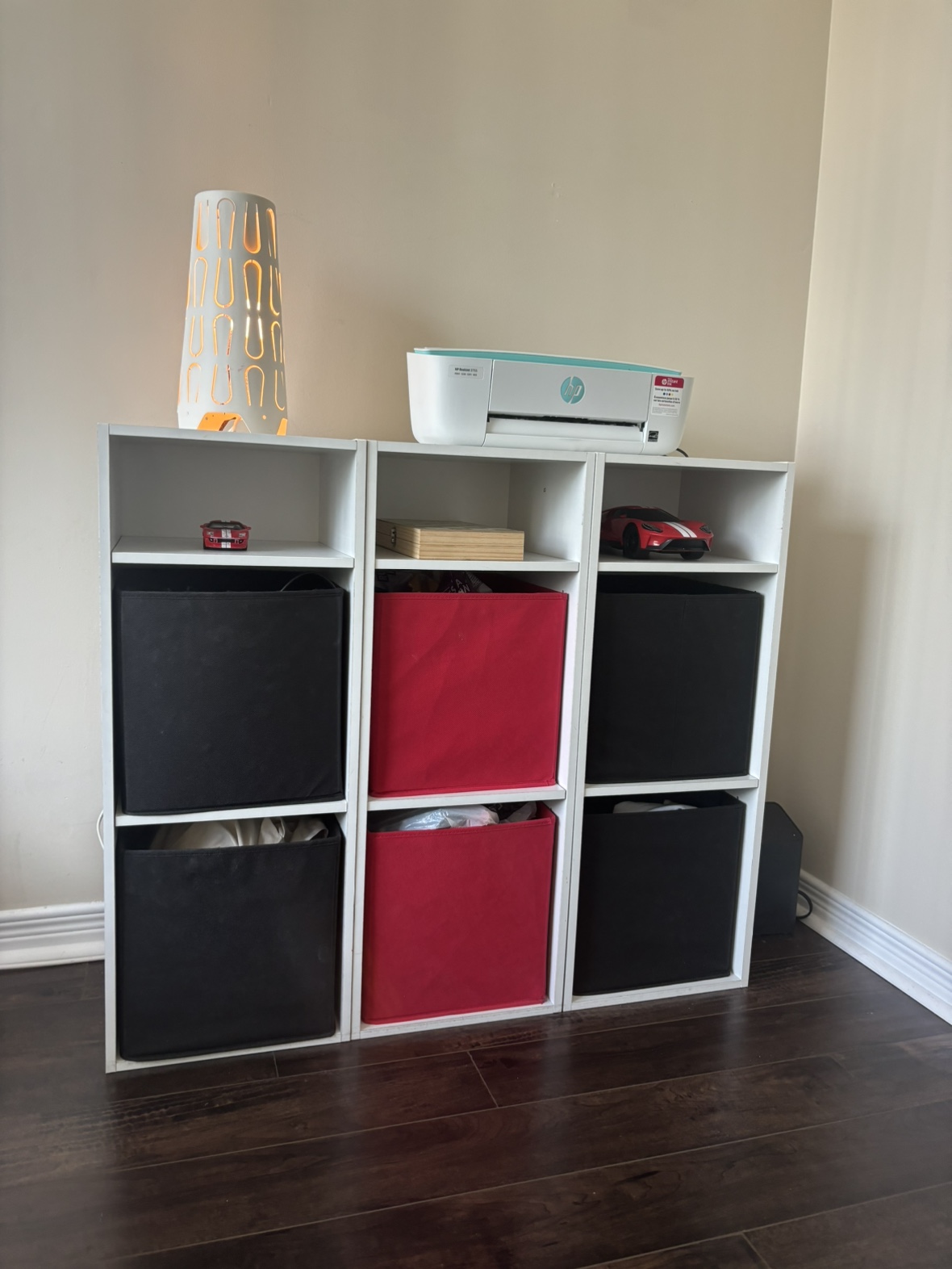 White Bookshelf with Fabric Bins