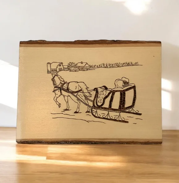 Pencil Drawing Wood Plank Horse Drawn Sled Winter Farm Snow image indicator(3)