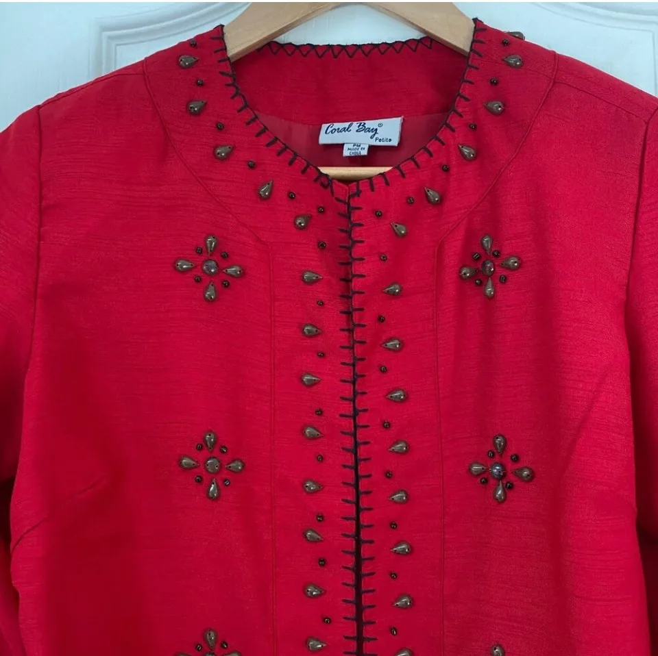 Coral Bay Red Embroidered Silk Look Jacket image indicator(3)