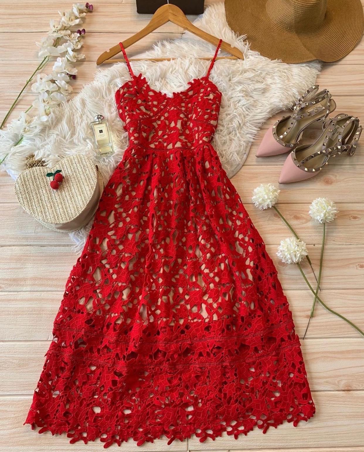 Red Lace Midi Dress Self Portrait
