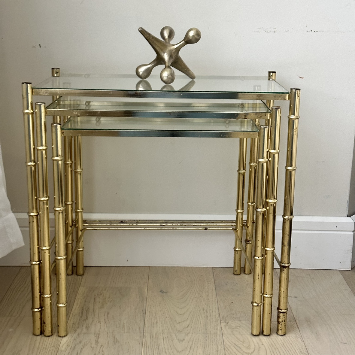 Set of 3 vintage glam art deco style gold glass nesting tables - photo 5