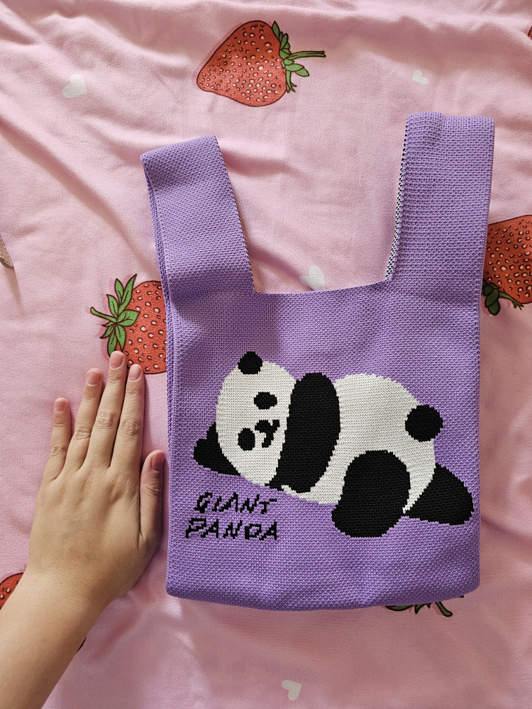 Purple Mini Knit Giant Panda Tote Bag