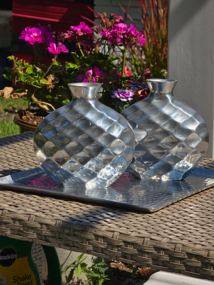 2 Aluminum Silver Vases and Tray thumbnail