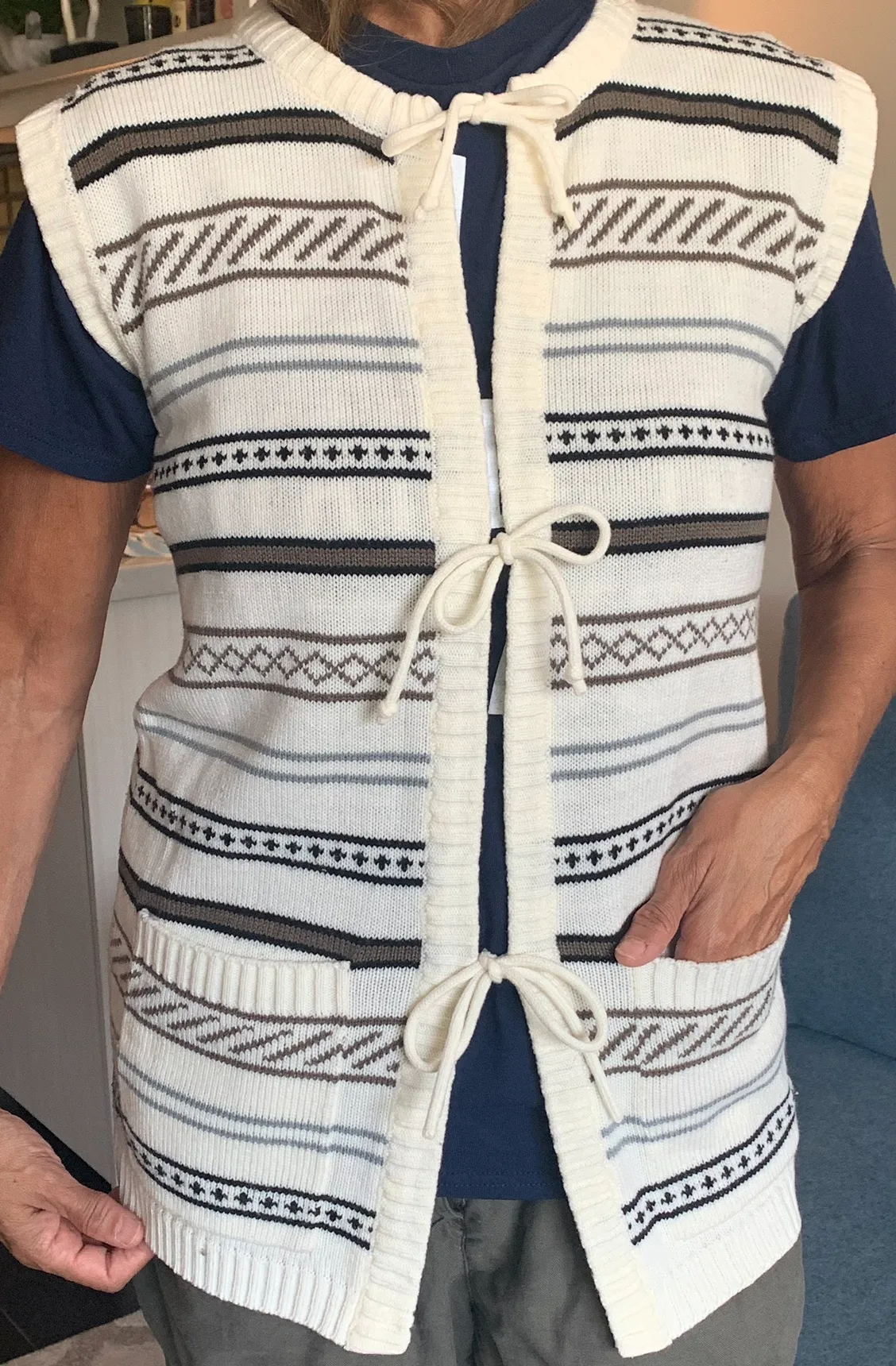 Vintage 70s Striped Knit Vest w/ Ties & Pockets thumbnail