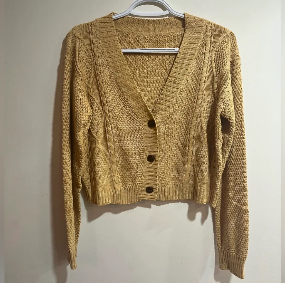 Mustard yellow crochet knit cardigan NWOT image indicator(7)