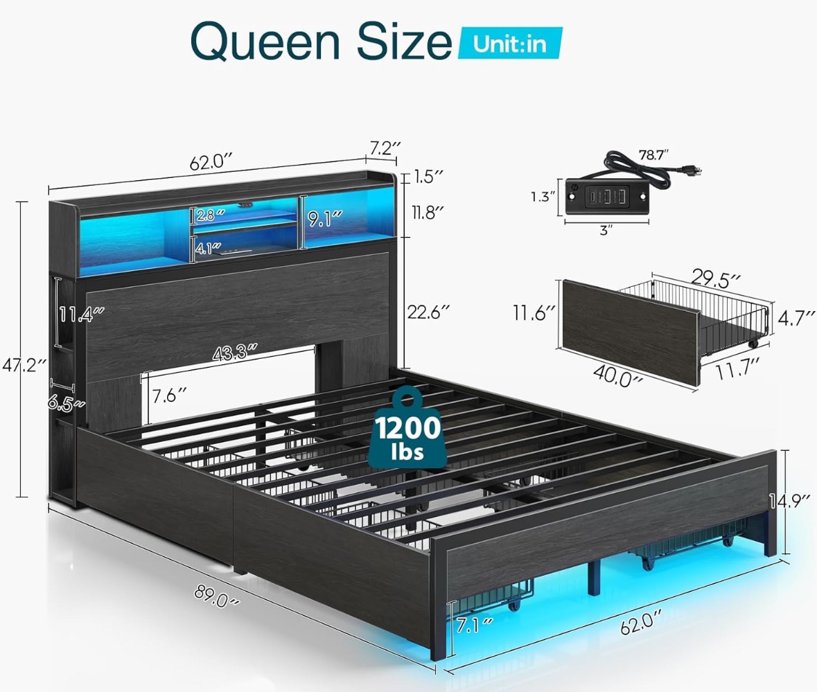 Queen Size Bed Frame with Headboard and Storage Drawers - photo 2