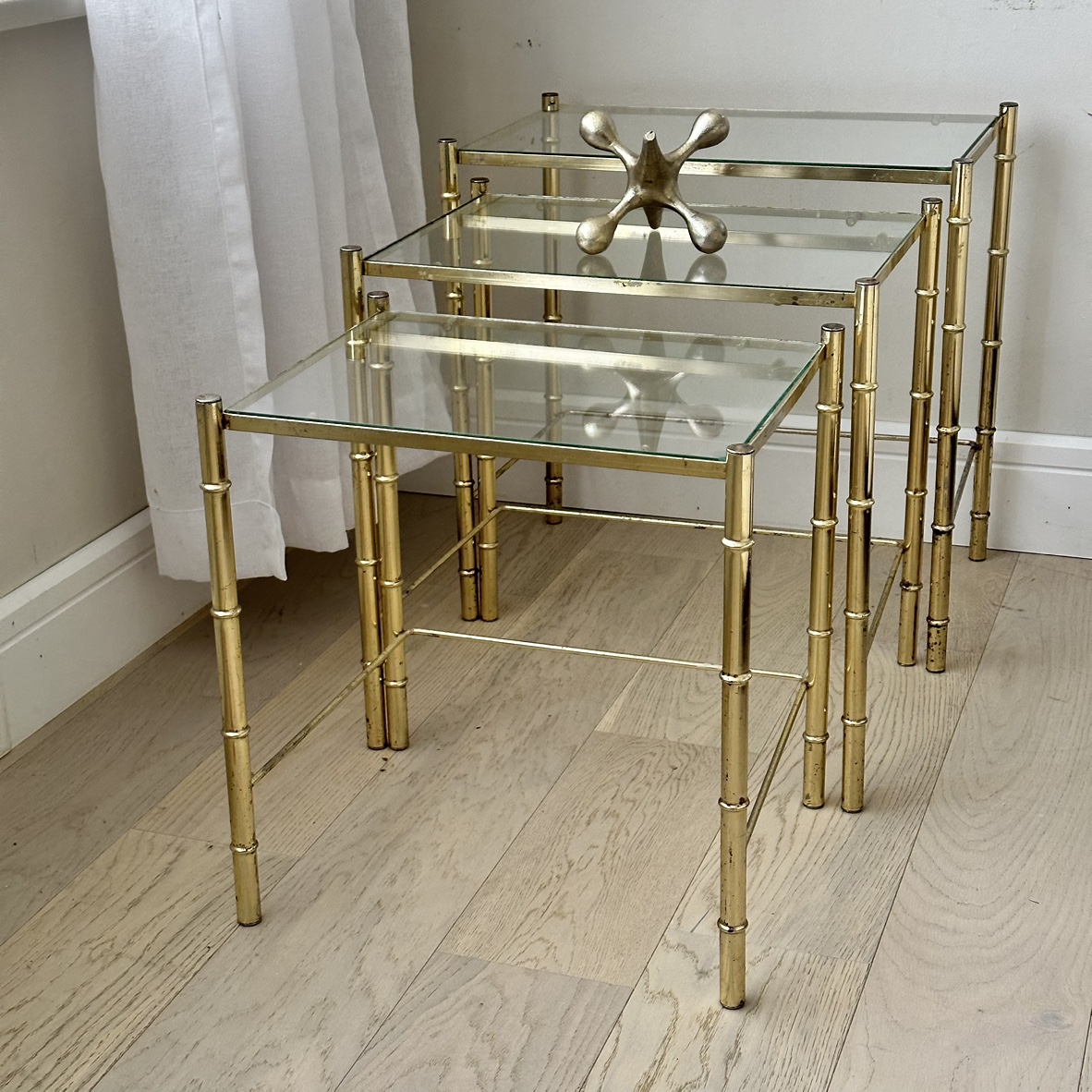 Set of 3 vintage glam art deco style gold glass nesting tables - photo 2