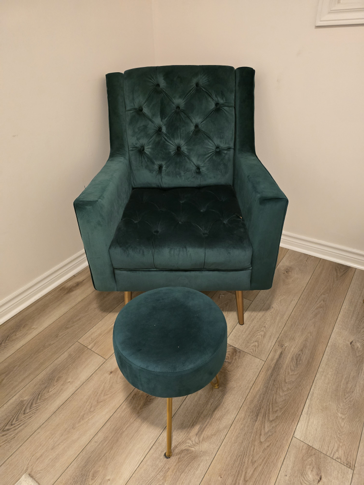 Green Velvet Armchair and Ottoman