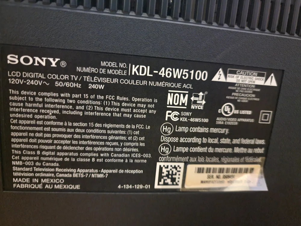 Sony KDL-46W5100 46" TV No remote image indicator(3)