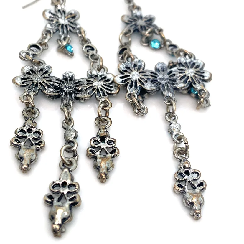 Blue Rhinestones Flower Chandelier Earrings image indicator(5)