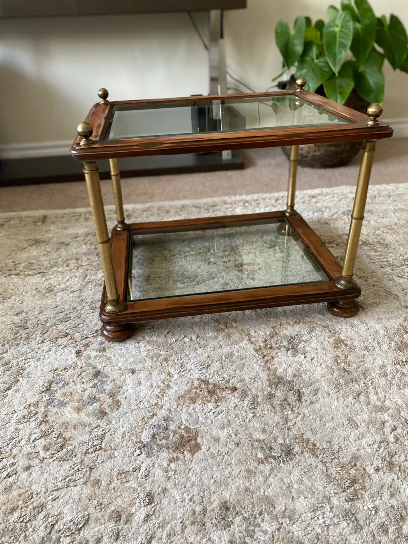 Beautiful combination of brass, wood,glass Table thumbnail