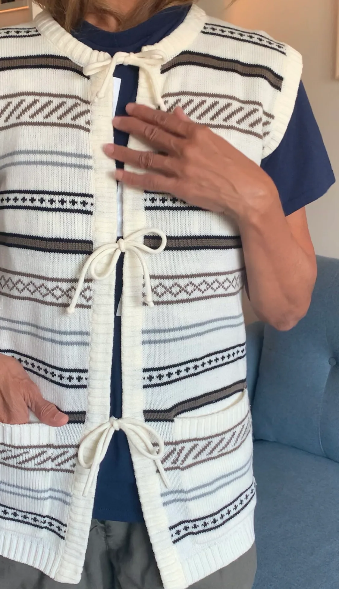 Vintage 70s Striped Knit Vest w/ Ties & Pockets image indicator(5)