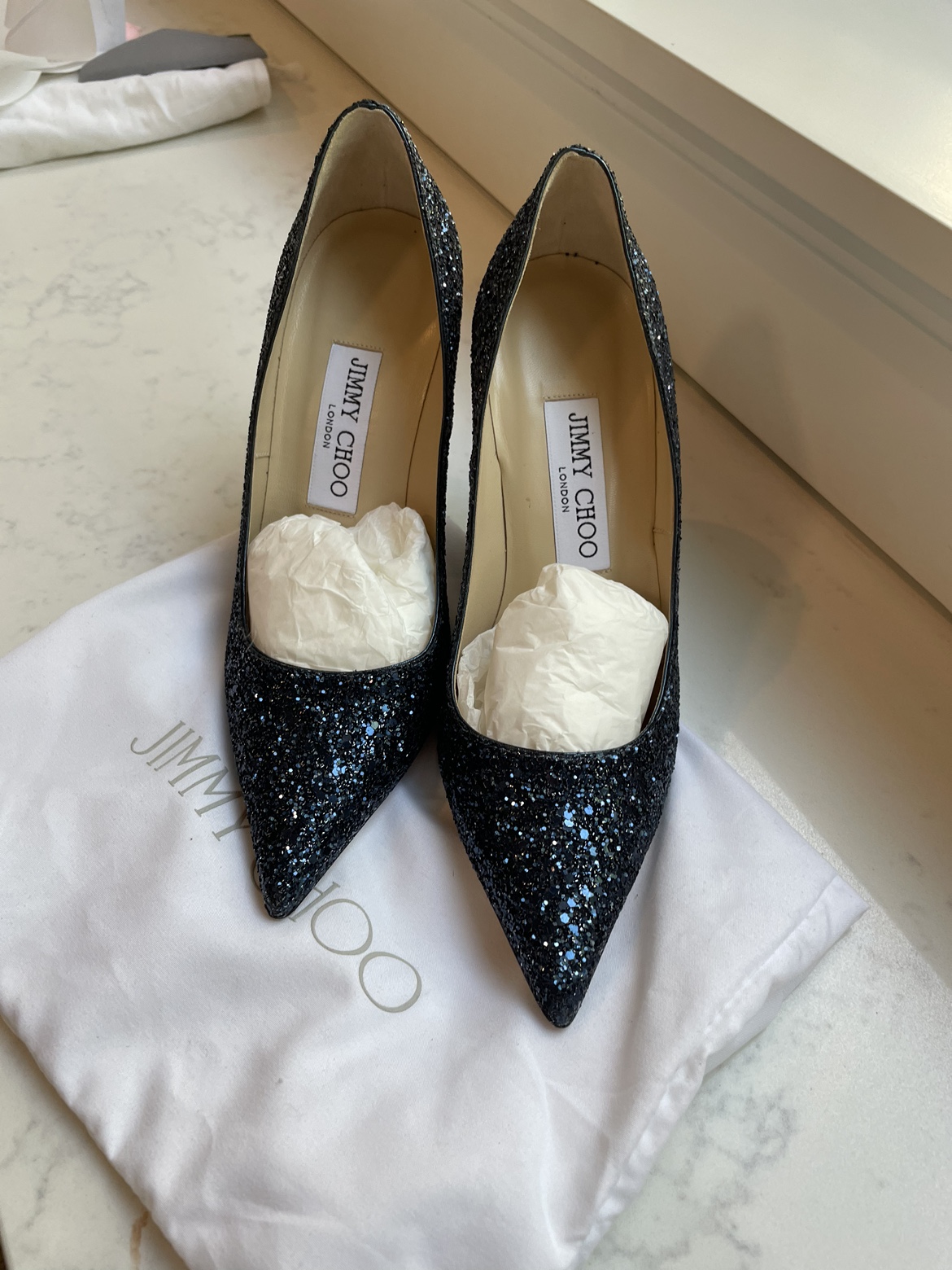 Jimmy Choo Blue Glitter Heels