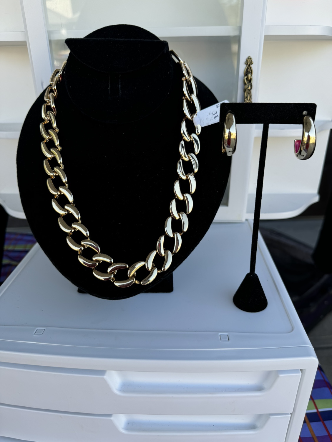 Gold Curb Chain Necklace and Earrings