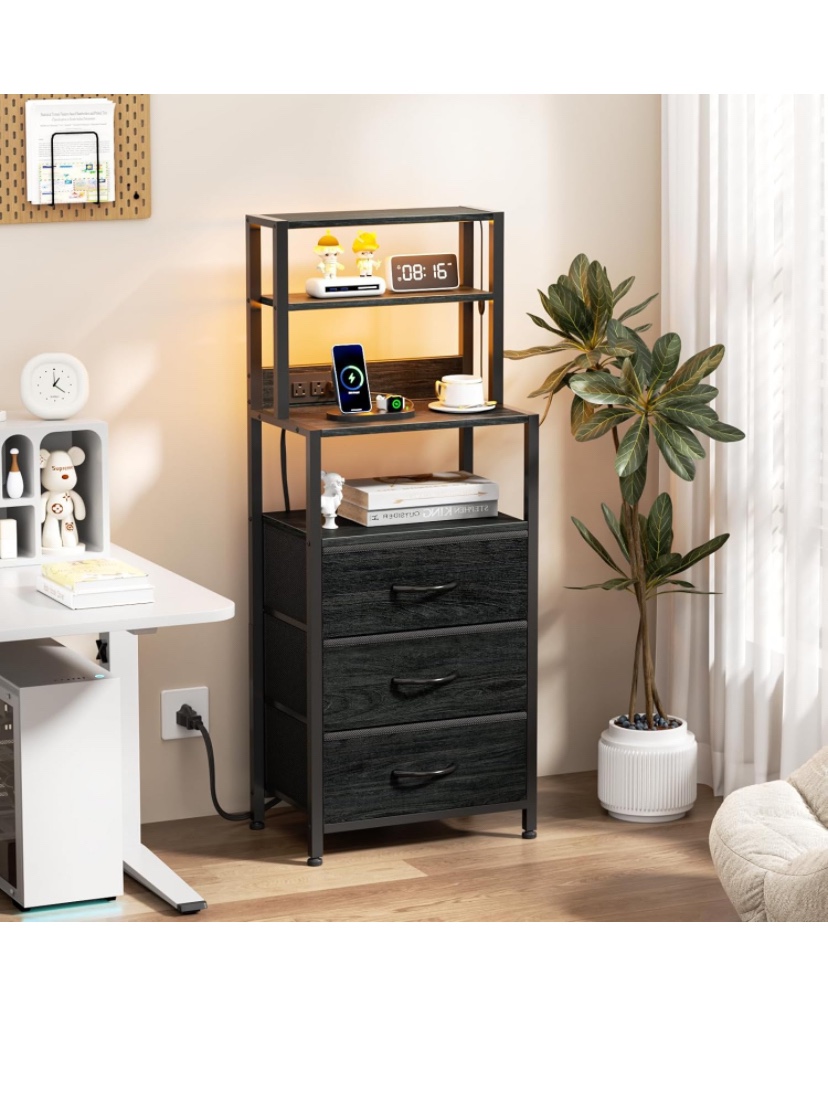 Black 3 Drawer Storage Shelf with Top Shelf and Outlets