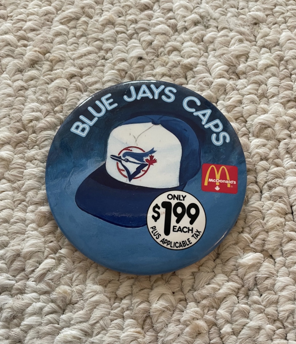 Vintage 80s McDonalds Employee 3.5" Pinback Button Blue Jays Cap