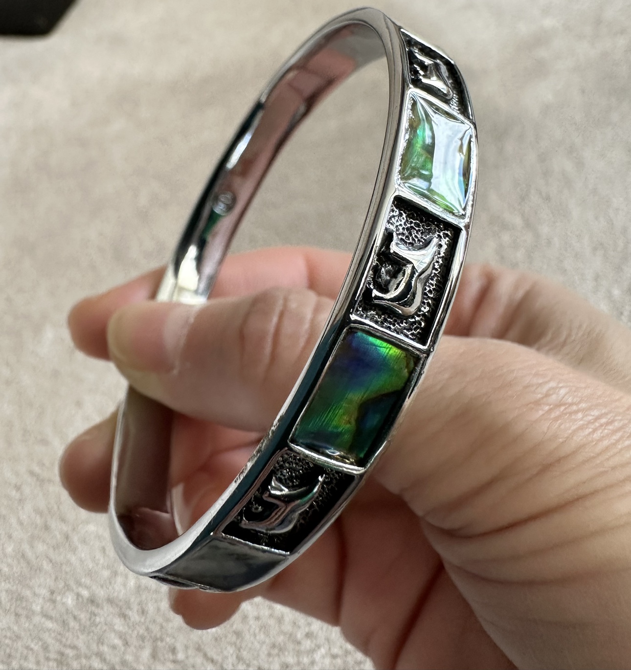 Silver Tone  Abalone Shell  Bangle Bracelet