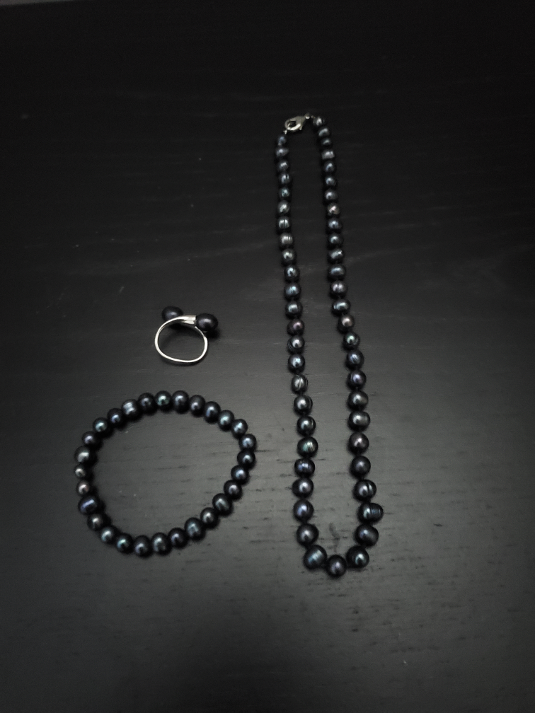 Dark Navy Blue Pearl Necklace, Ring and Bracelet Set