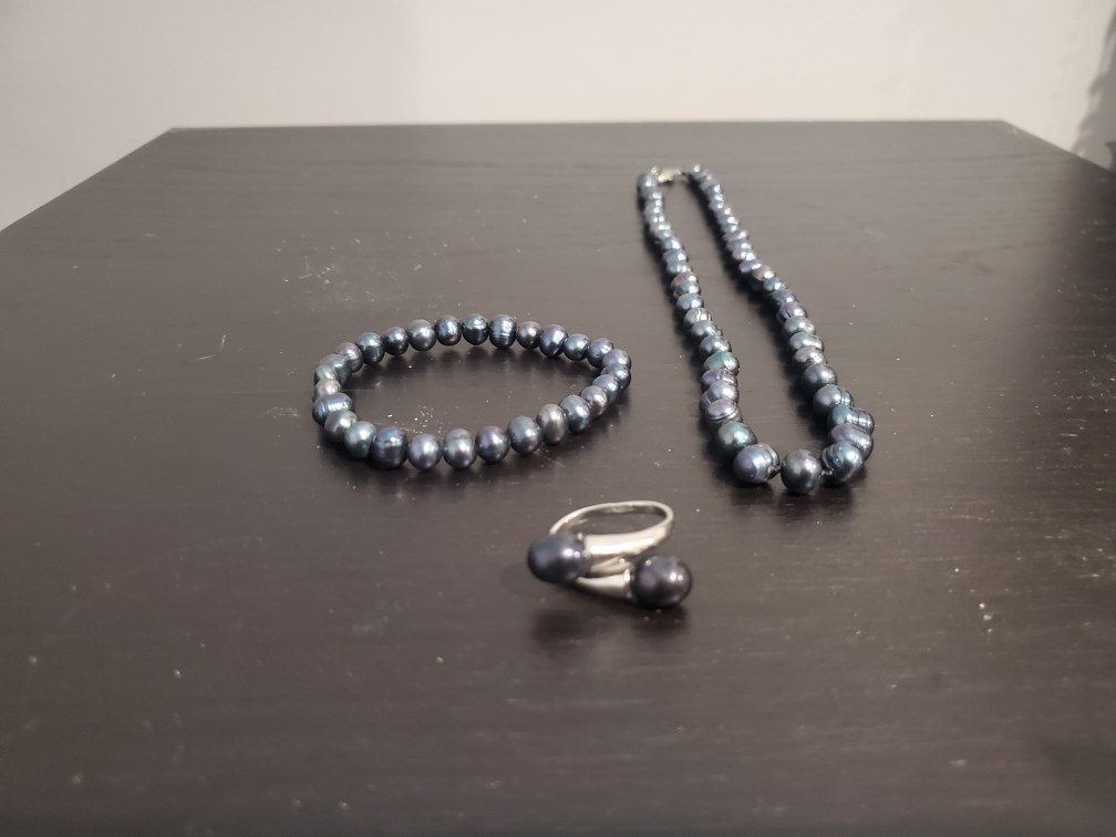 Dark Navy Blue Pearl Necklace, Ring and Bracelet Set - photo 2