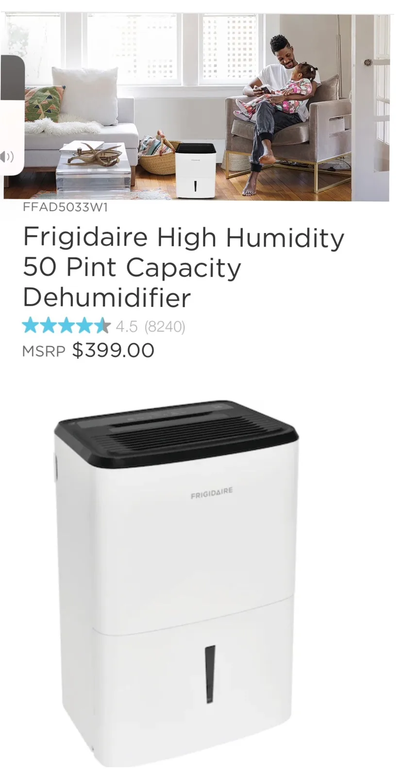Frigidaire 50 Pint Dehumidifier (for parts) thumbnail