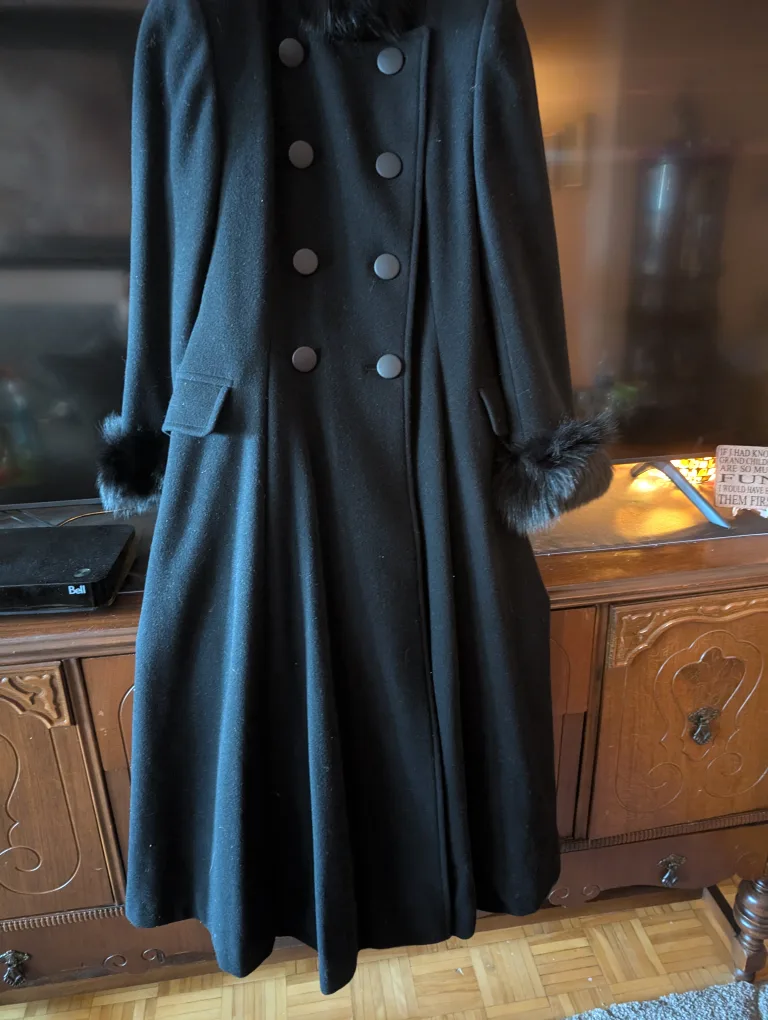 Black Double Breasted Coat with Fur Collar and Cuffs thumbnail