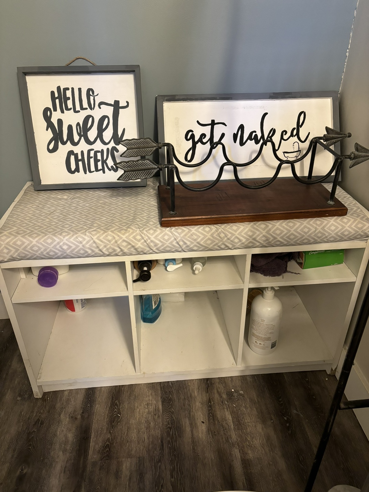White Storage Bench / bathroom signs / wine rack