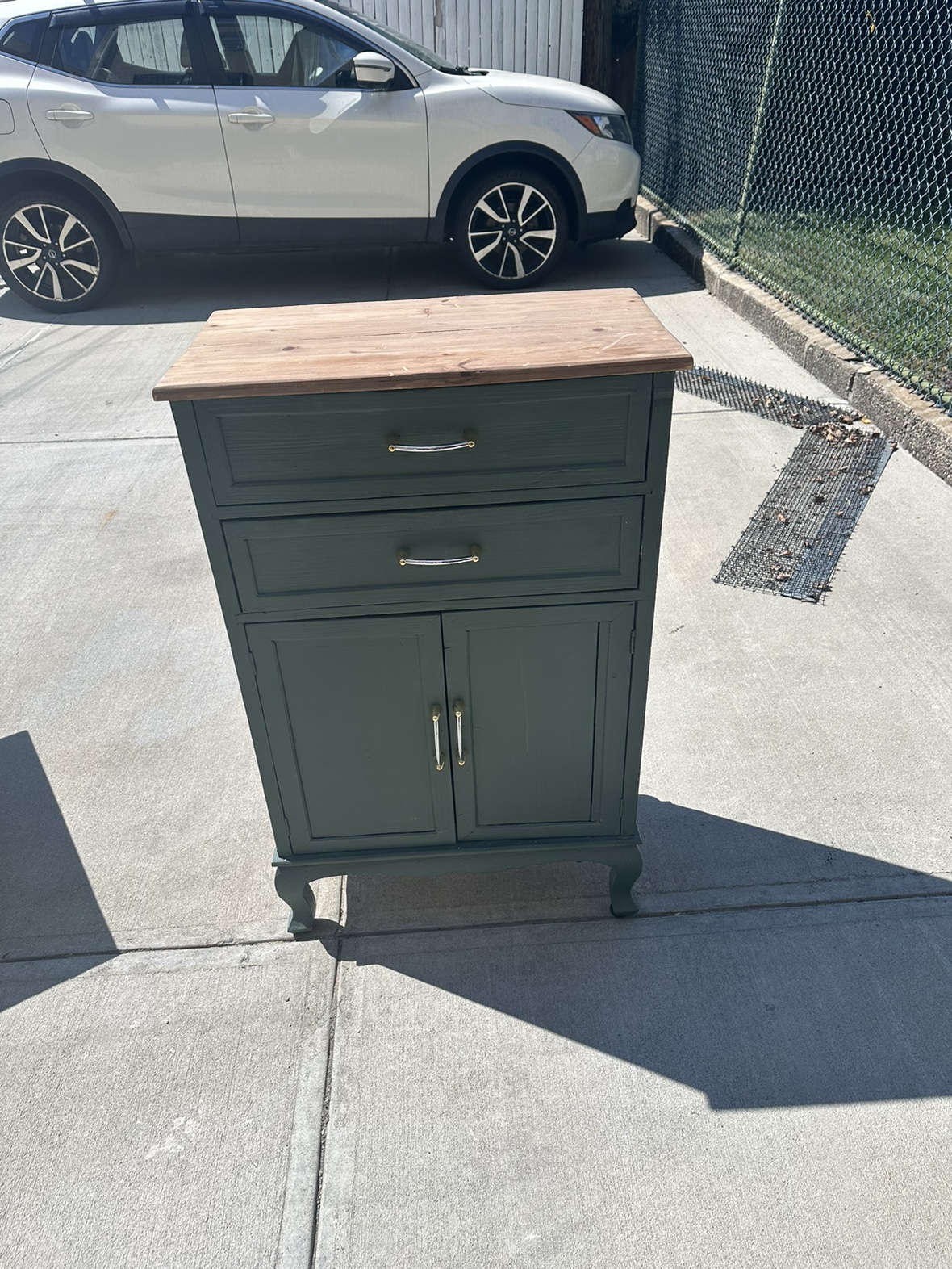 Green Cabinet with Wooden Top