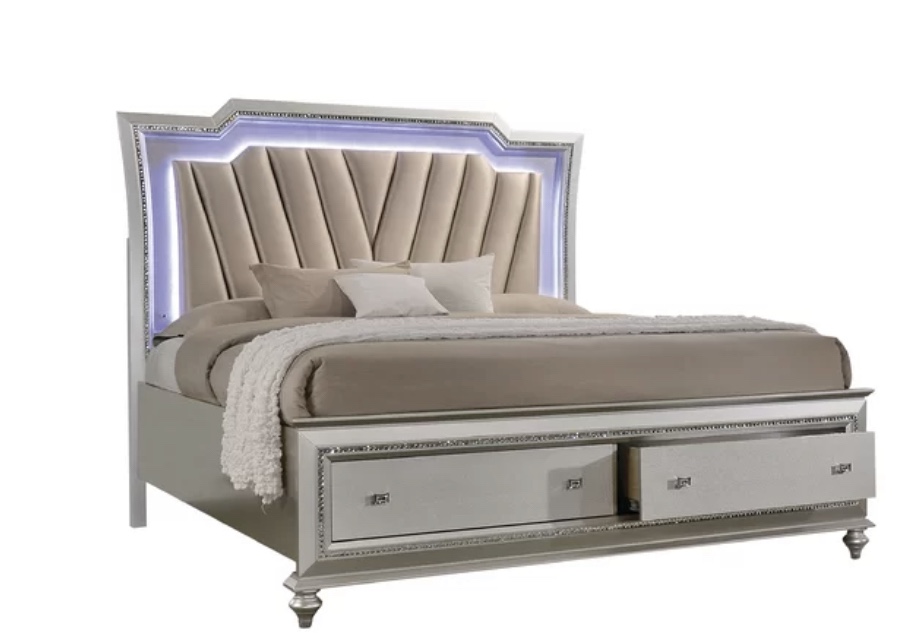 Set: Champagne Upholstered Storage Bed+Night stand