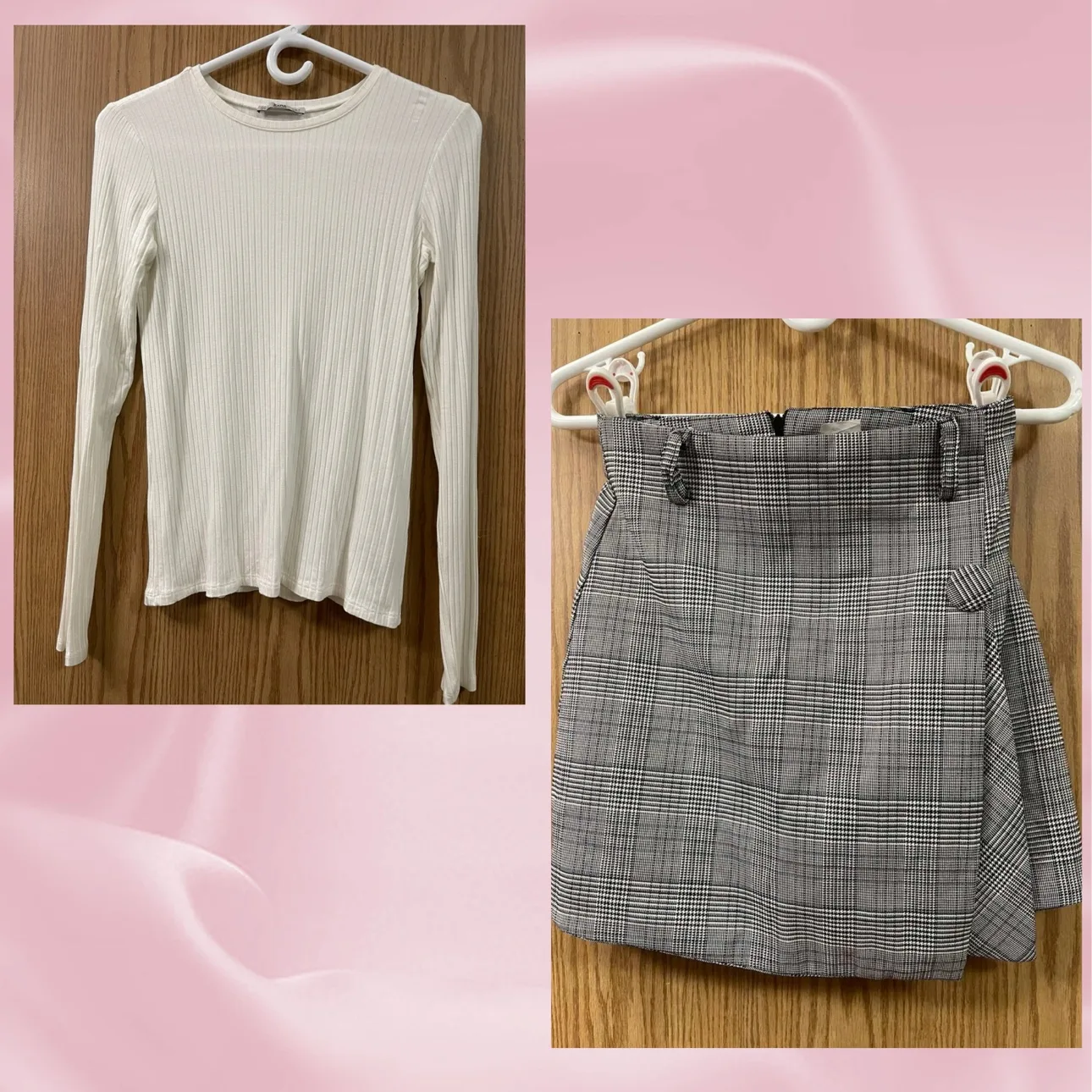 White Long Sleeve Top and Plaid Skirt thumbnail