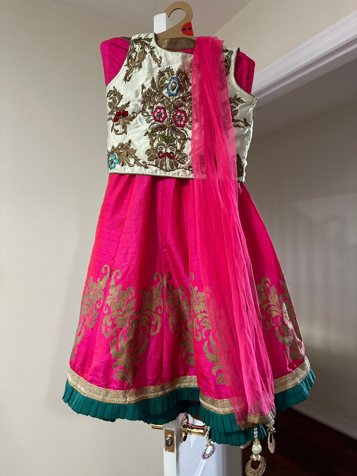 Girls Pink and Light Geeen Lehenga Choli
