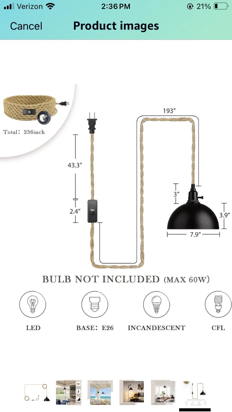Black Pendant Light with Rope Cord thumbnail