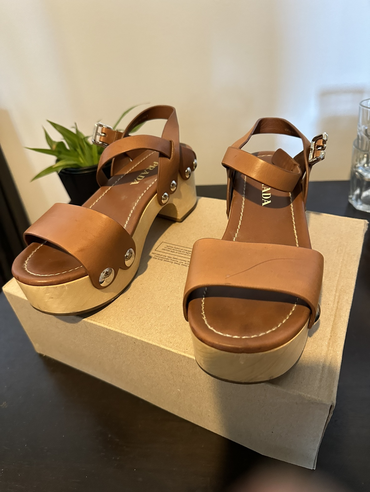 Prada - brown leather wooden block wedges - - photo 2