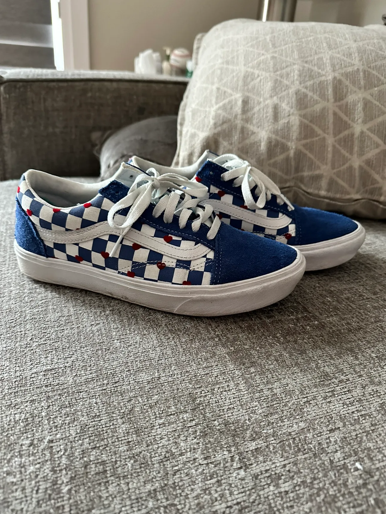 Women’s 8.5 blue suede Van’s checkerboard “love you” sneakers thumbnail
