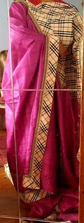 Pink  Burberry border Saree thumbnail