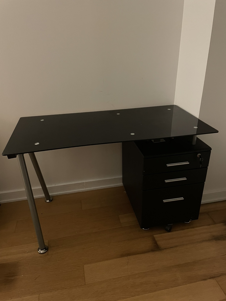 Black Glass Desk with Filing Cabinet