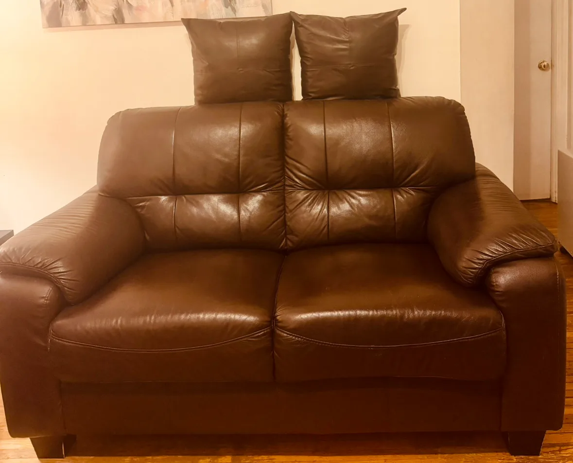 Brown Faux Leather Loveseat with pillows thumbnail