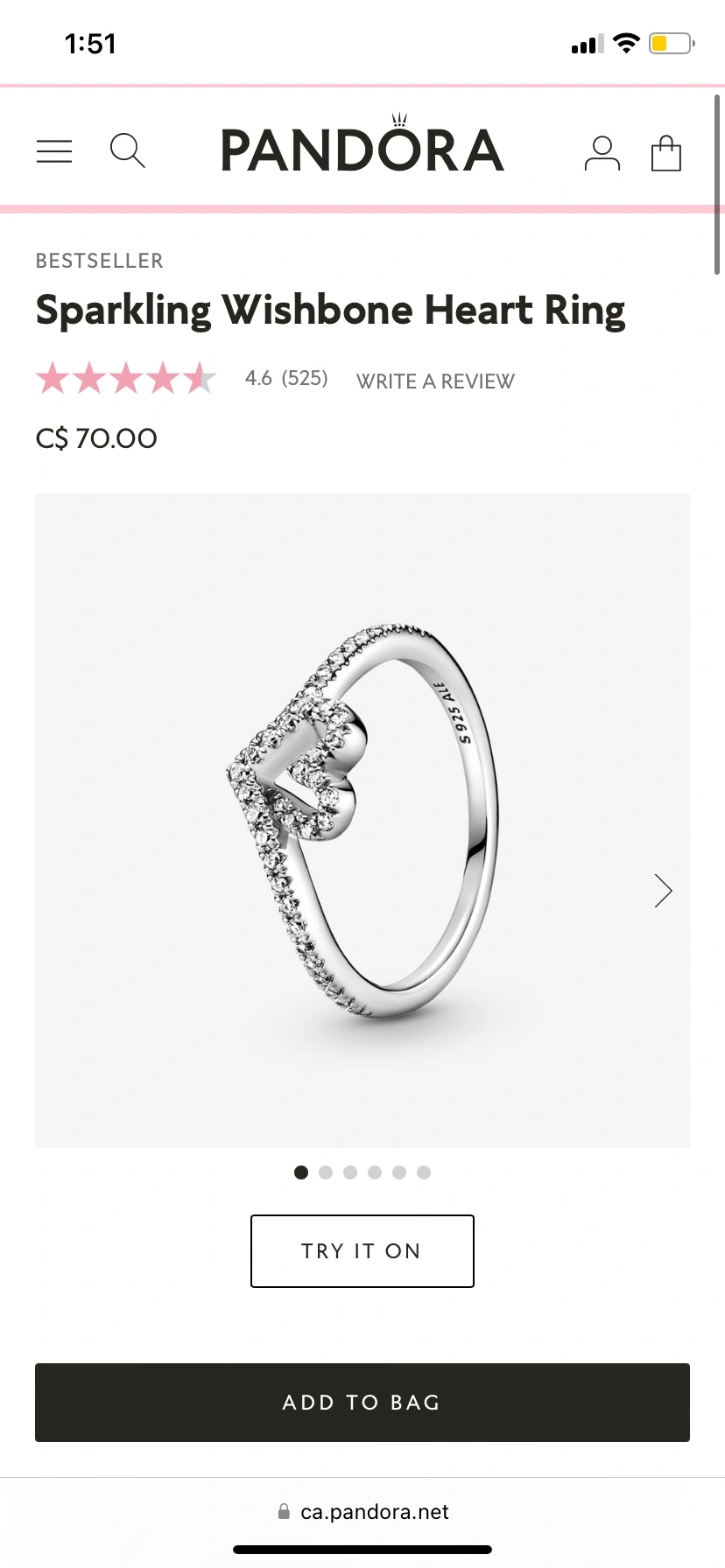 Pandora Sparkling Wishbone Heart Ring (size 7) Karrot