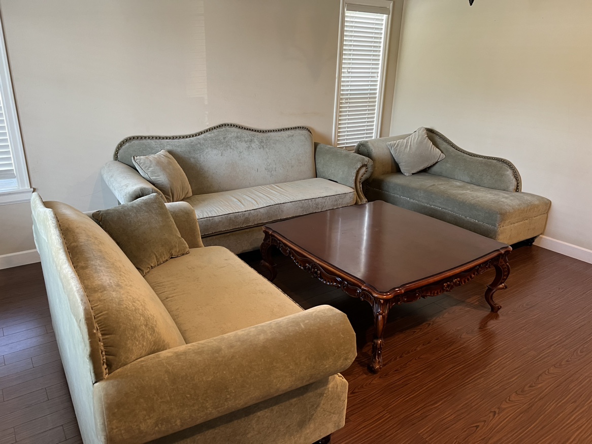 Green Velvet Sofa and Chaise Lounge Set with table - photo 4