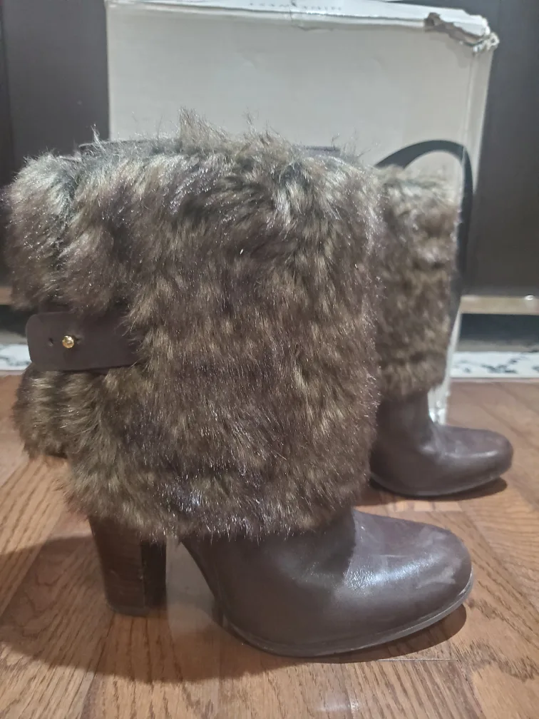 Nine West Brown leather & faux Fur Trim Boots size 7 thumbnail