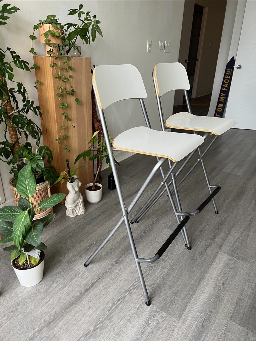 Set of 3 IKEA White Folding Bar Stools With Backrest