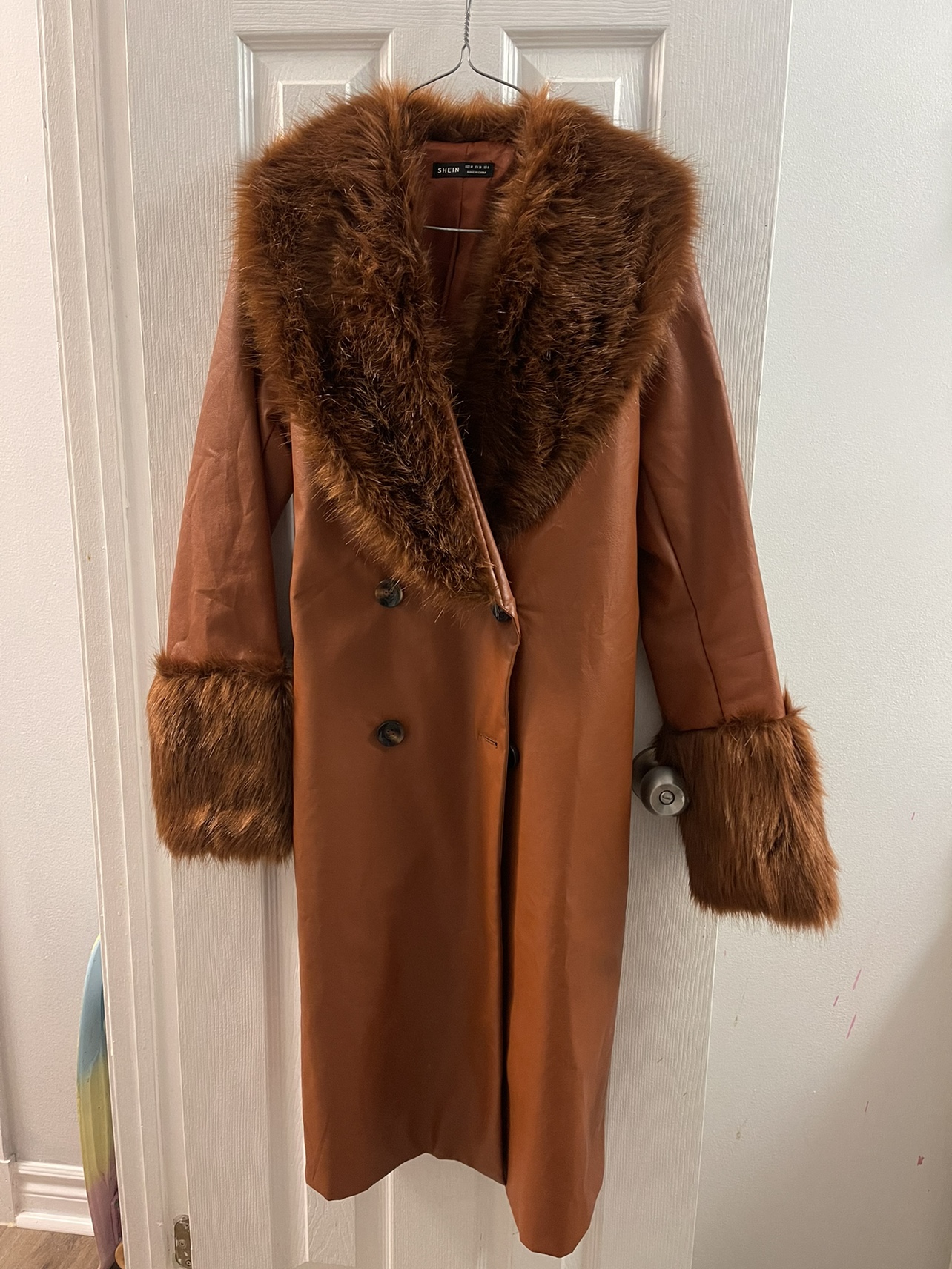 Faux Fur Trimmed Leather Coat