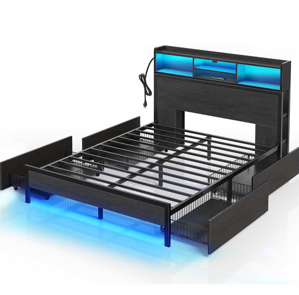 Queen Size Bed Frame with Headboard and Storage Drawers